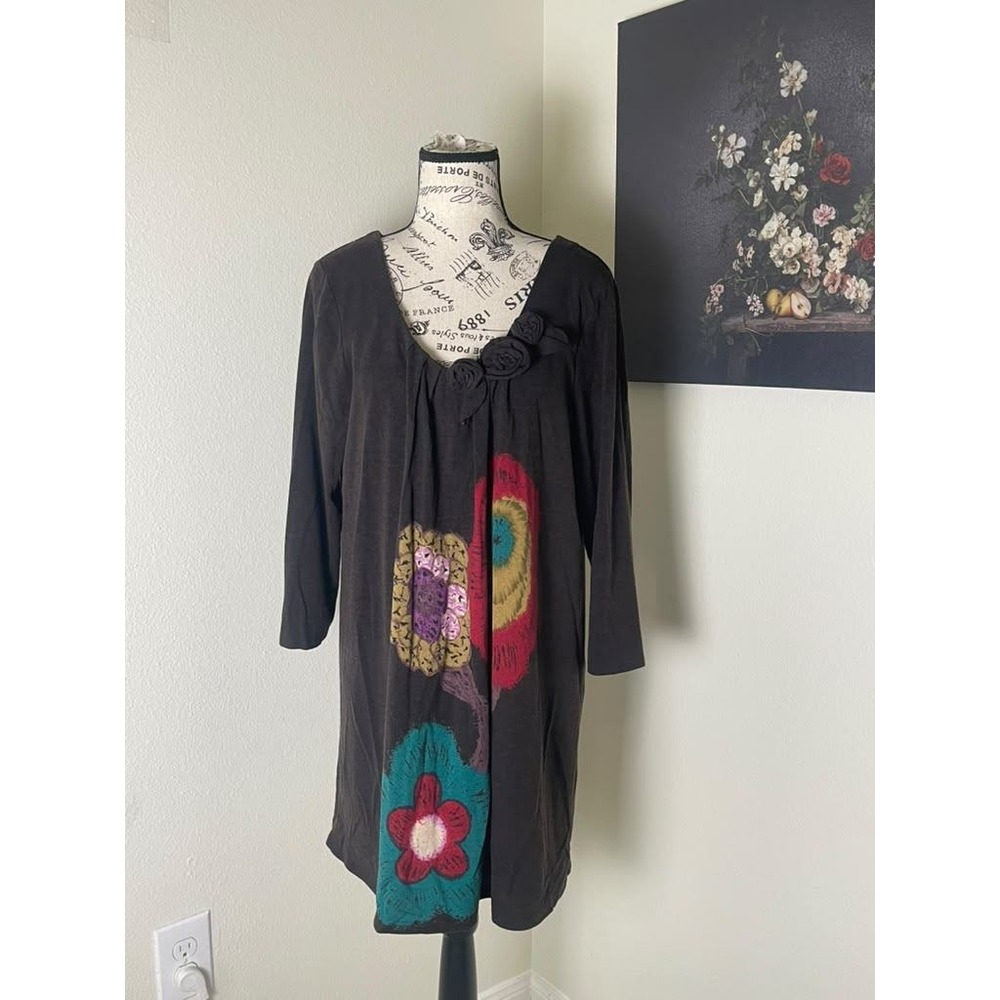 Quintessential Brown Floral Rosette Tunic Mini Dress XL Made in USA NWT